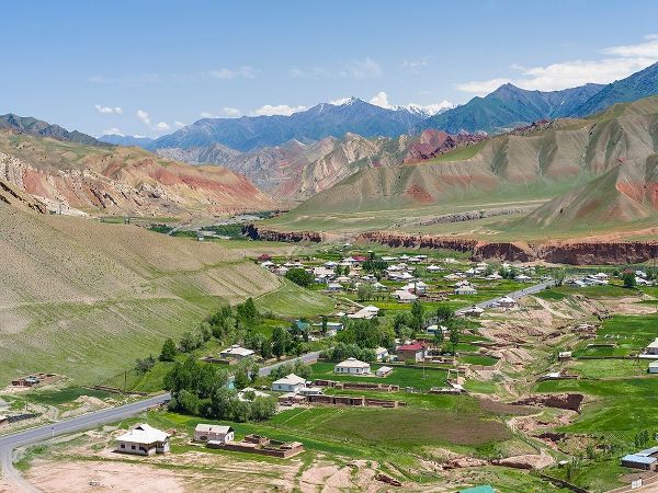 Village at the Pamir Highway The mountain range Tian Shan or Heavenly Mountains